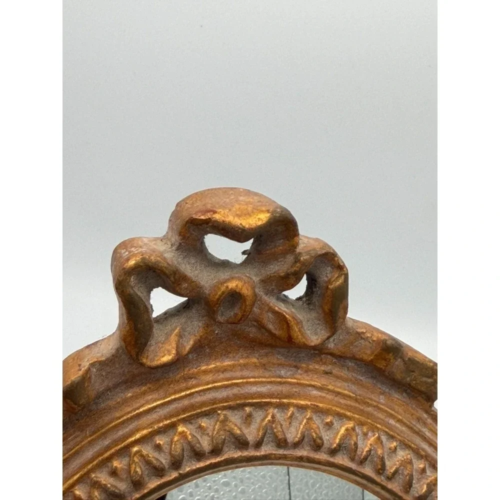 Vintage Ornate Gold Tone Round Tabletop Vanity Mirror w/ Easel Stand 10